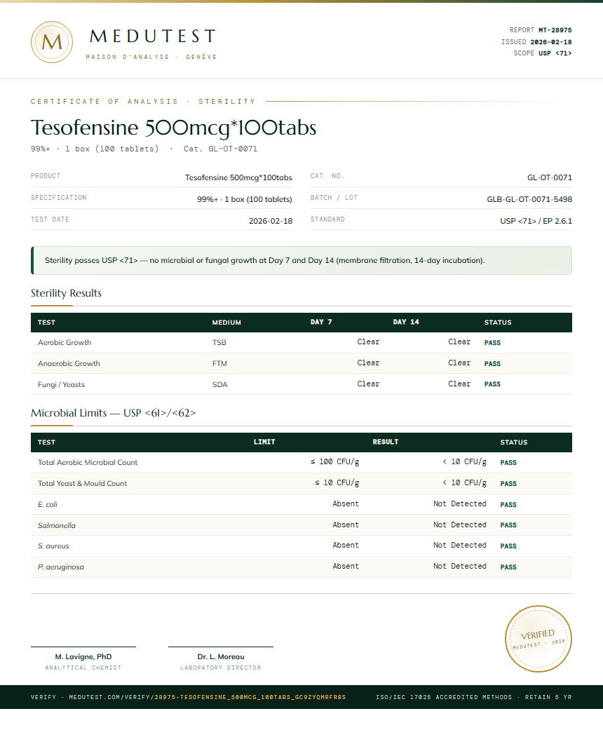 Tesofensine 500mcg*100tabs Sterility report by Medutest