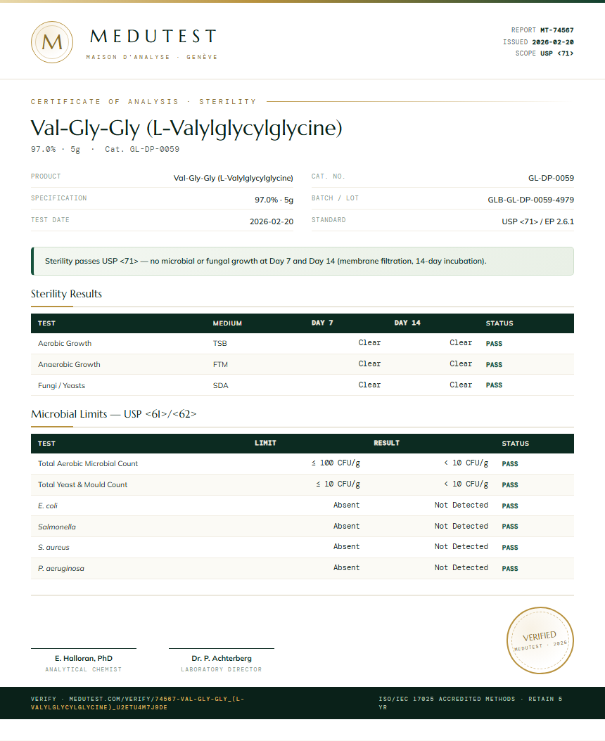 Val-Gly-Gly (L-Valylglycylglycine) Sterility report by Medutest