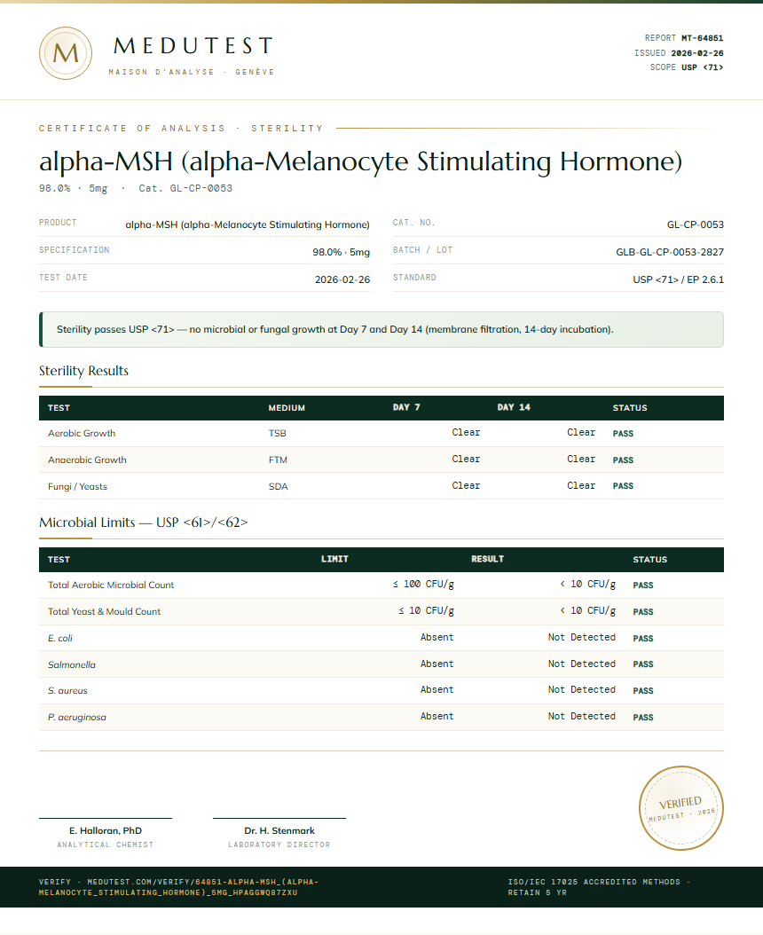 alpha-MSH (alpha-Melanocyte Stimulating Hormone) Sterility report by Medutest