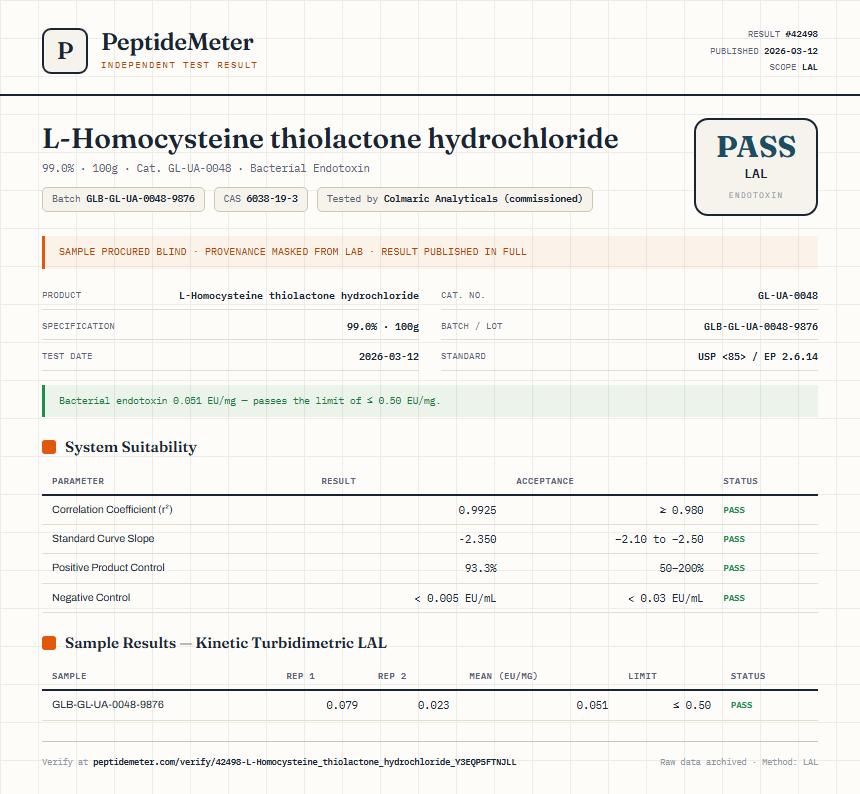 L-Homocysteine thiolactone hydrochloride Endotoxin report by PeptideMeter
