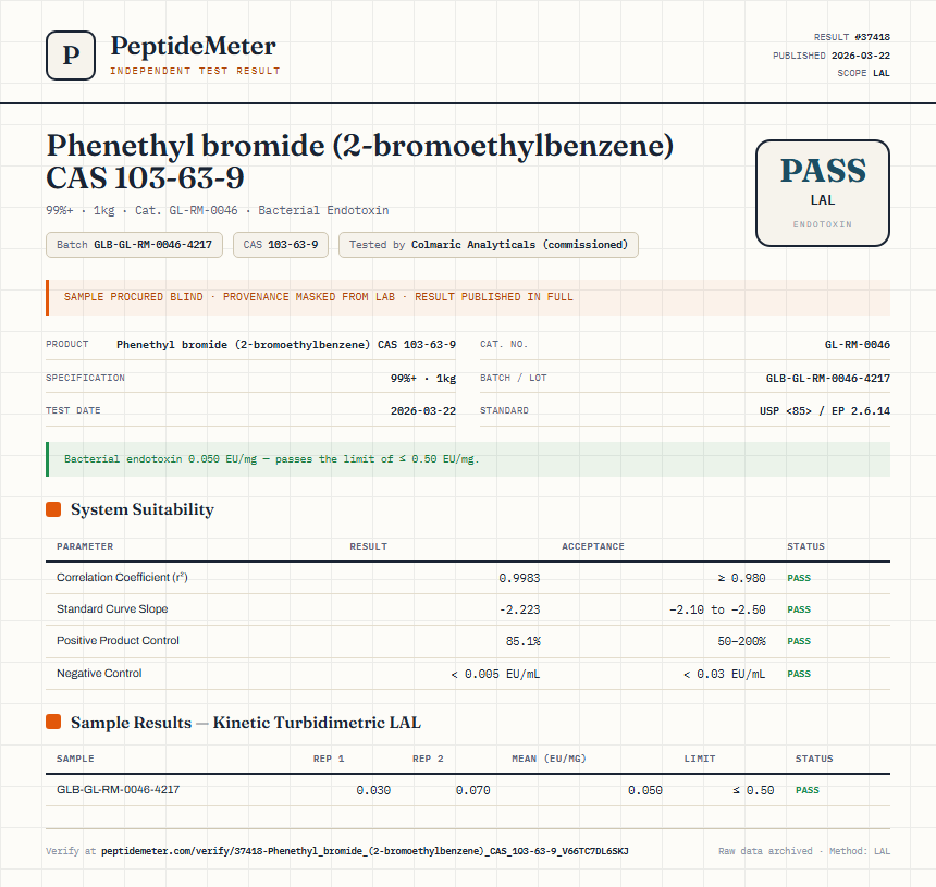 Phenethyl bromide (2-bromoethylbenzene) CAS 103-63-9 Endotoxin report by PeptideMeter