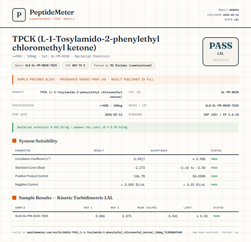 TPCK (L-1-Tosylamido-2-phenylethyl chloromethyl ketone) Endotoxin report by PeptideMeter