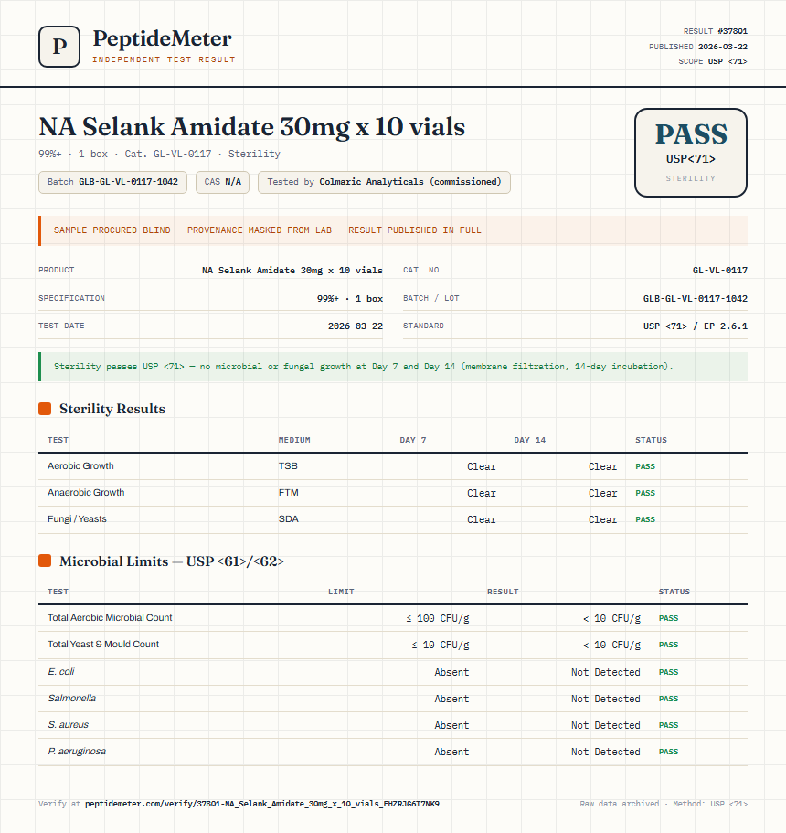 NA Selank Amidate 30mg x 10 vials Sterility report by PeptideMeter