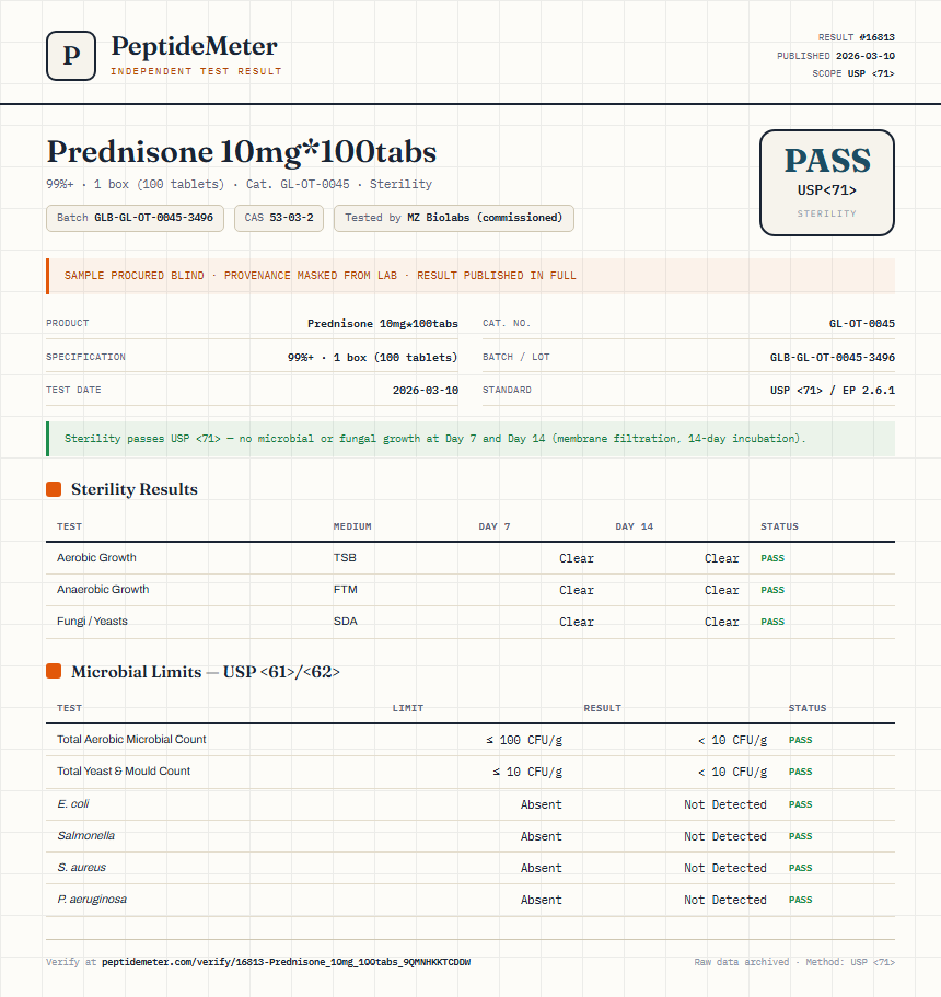 Prednisone 10mg*100tabs Sterility report by PeptideMeter