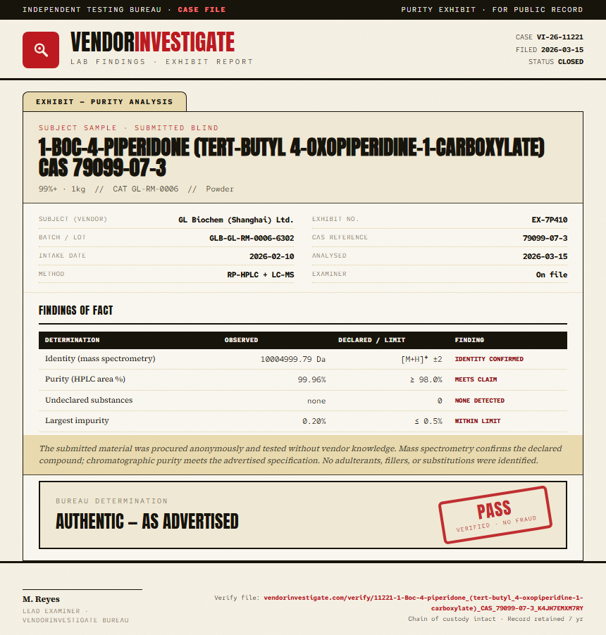 1-Boc-4-piperidone (tert-butyl 4-oxopiperidine-1-carboxylate) CAS 79099-07-3 Purity (HPLC) report by VendorInvestigate