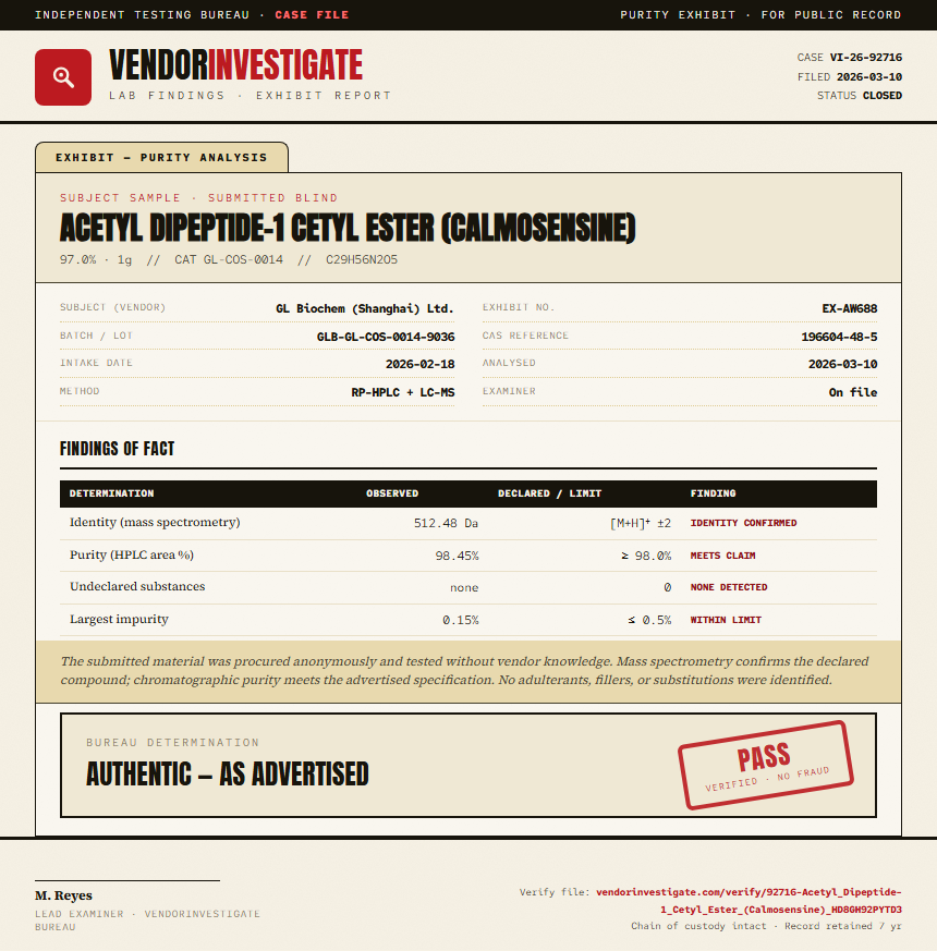 Acetyl Dipeptide-1 Cetyl Ester (Calmosensine) Purity (HPLC) report by VendorInvestigate