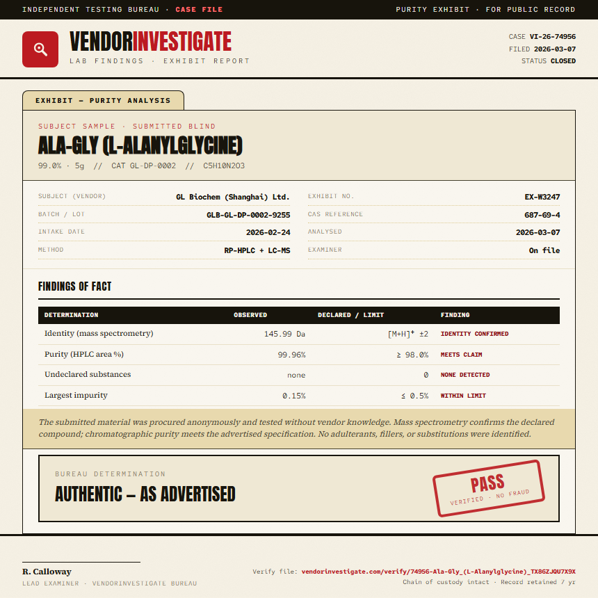 Ala-Gly (L-Alanylglycine) Purity (HPLC) report by VendorInvestigate