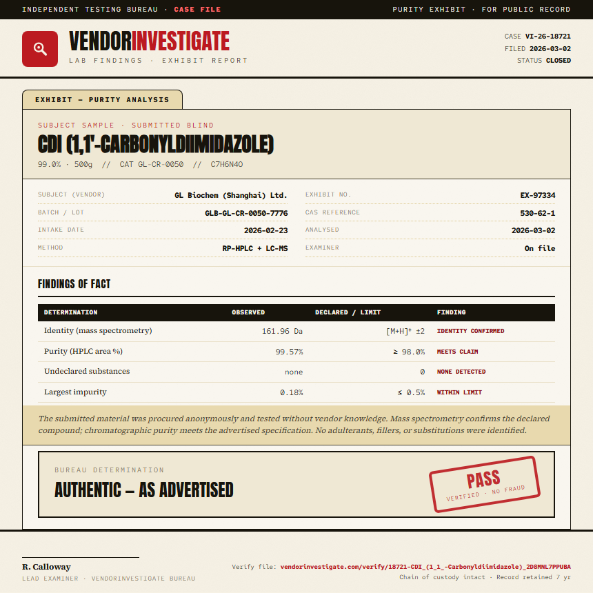 CDI (1,1'-Carbonyldiimidazole) Purity (HPLC) report by VendorInvestigate