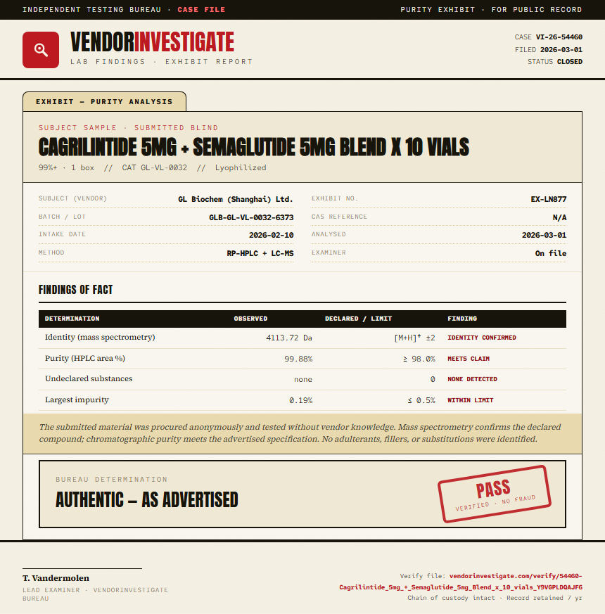 Cagrilintide 5mg + Semaglutide 5mg Blend x 10 vials Purity (HPLC) report by VendorInvestigate