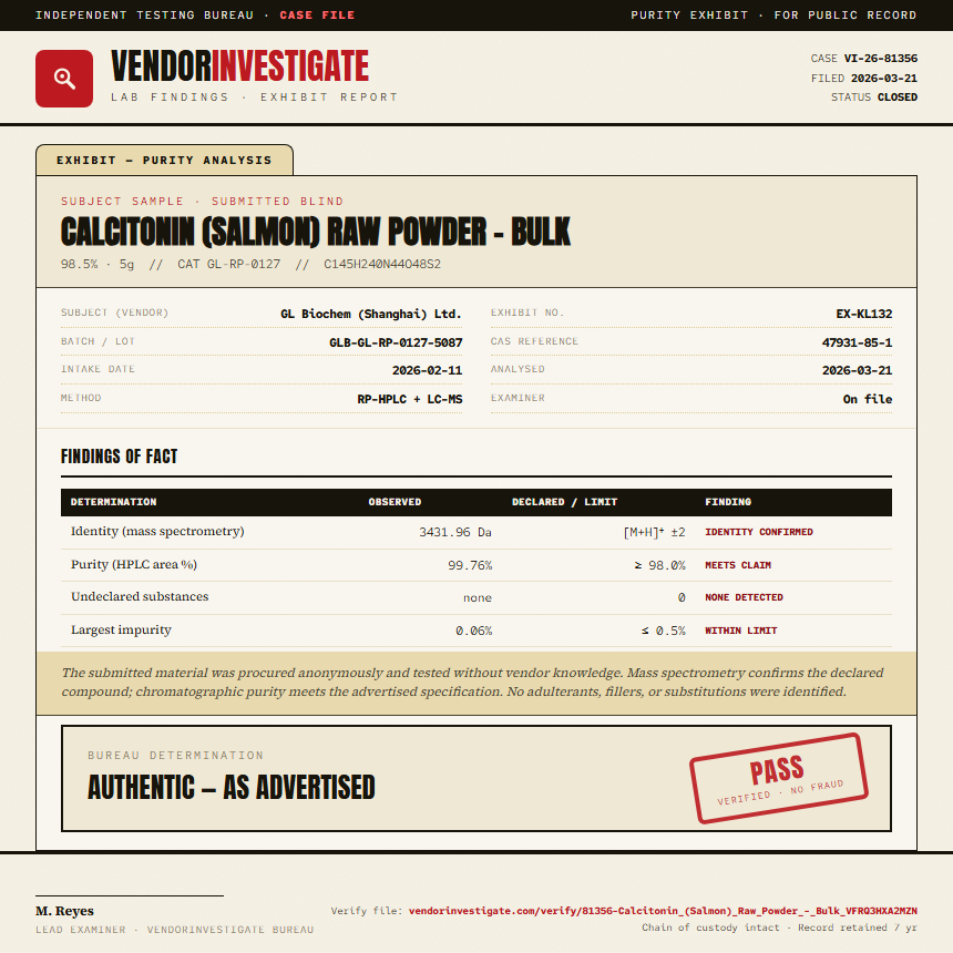Calcitonin (Salmon) Raw Powder - Bulk Purity (HPLC) report by VendorInvestigate