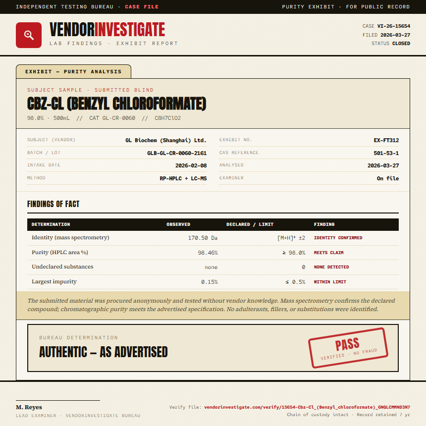 Cbz-Cl (Benzyl chloroformate) Purity (HPLC) report by VendorInvestigate