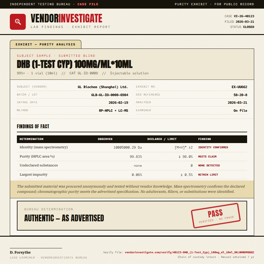 DHB (1-Test Cyp) 100mg/ml*10ml Purity (HPLC) report by VendorInvestigate