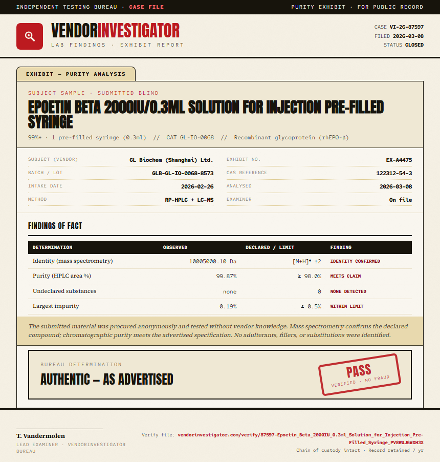 Epoetin Beta 2000IU/0.3ml Solution for Injection Pre-Filled Syringe Purity (HPLC) report by VendorInvestigator