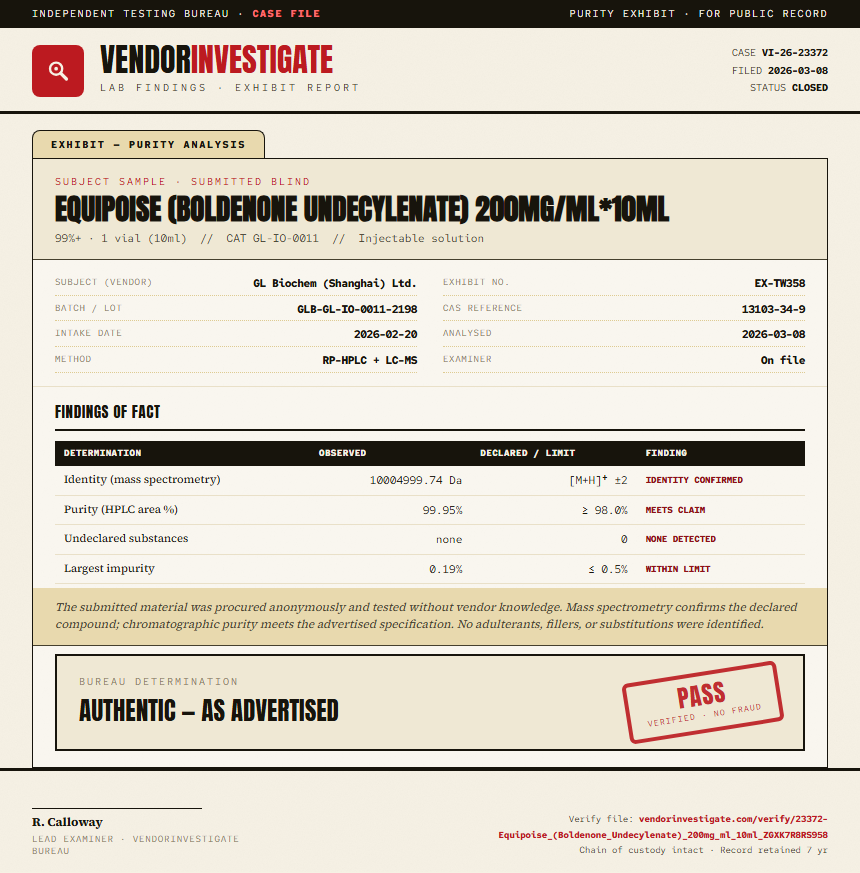 Equipoise (Boldenone Undecylenate) 200mg/ml*10ml Purity (HPLC) report by VendorInvestigate