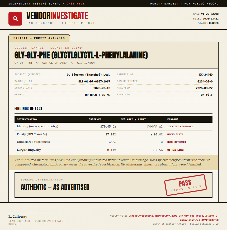 Gly-Gly-Phe (Glycylglycyl-L-phenylalanine) Purity (HPLC) report by VendorInvestigate