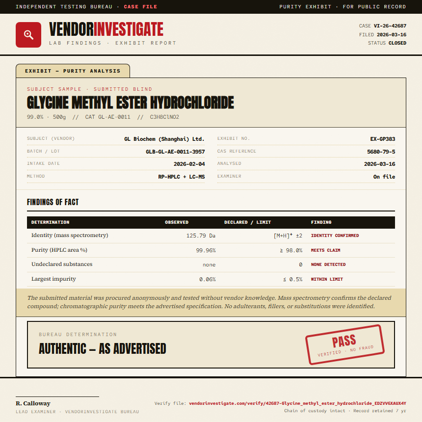 Glycine methyl ester hydrochloride Purity (HPLC) report by VendorInvestigate