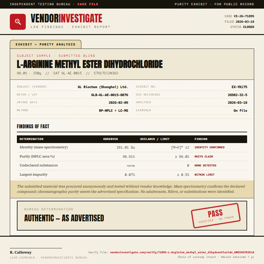L-Arginine methyl ester dihydrochloride Purity (HPLC) report by VendorInvestigate