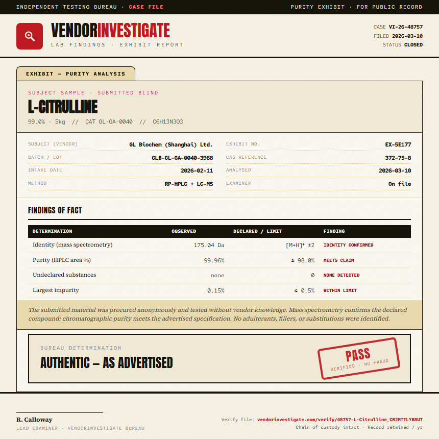 L-Citrulline Purity (HPLC) report by VendorInvestigate