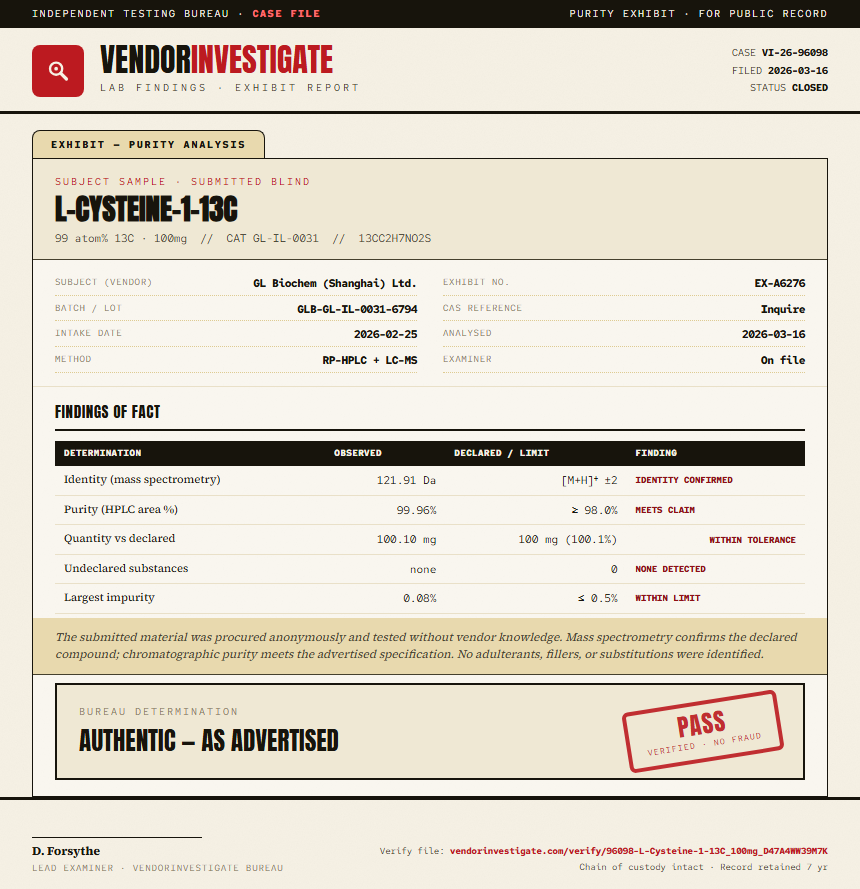 L-Cysteine-1-13C Purity (HPLC) report by VendorInvestigate