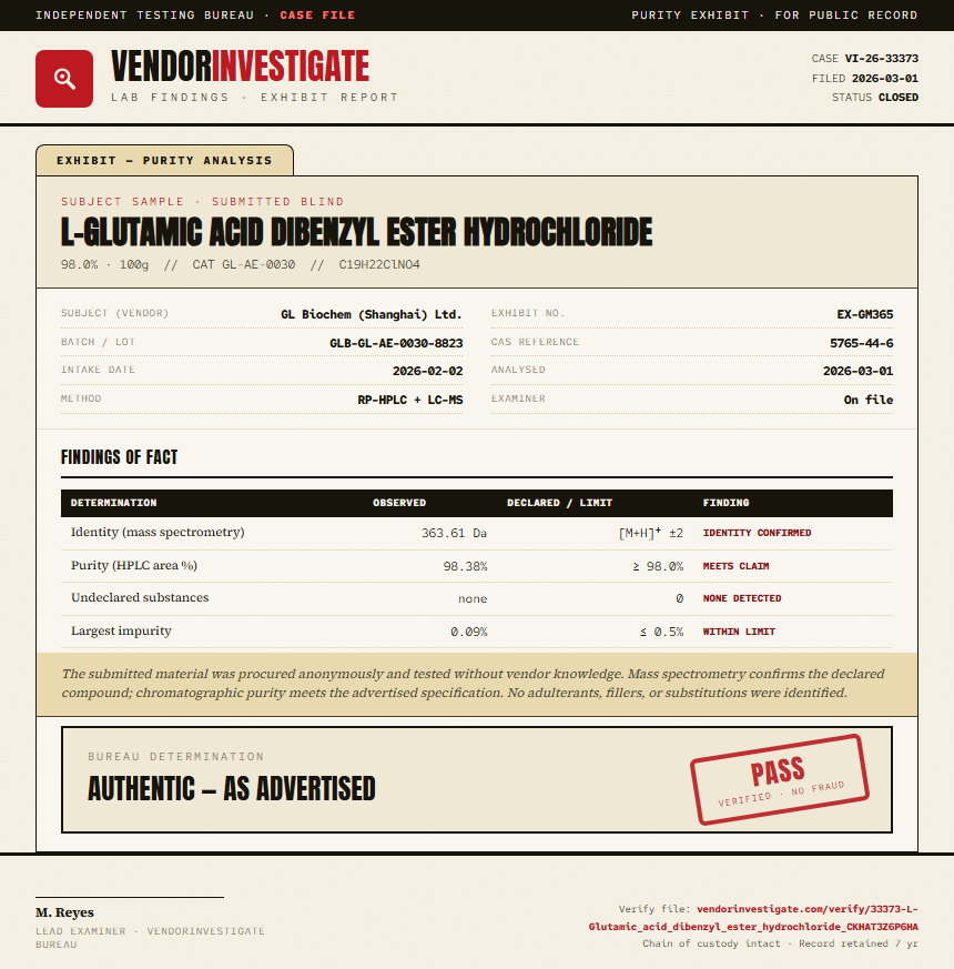 L-Glutamic acid dibenzyl ester hydrochloride Purity (HPLC) report by VendorInvestigate