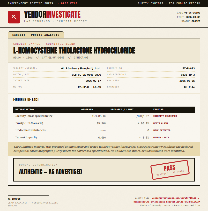 L-Homocysteine thiolactone hydrochloride Purity (HPLC) report by VendorInvestigate