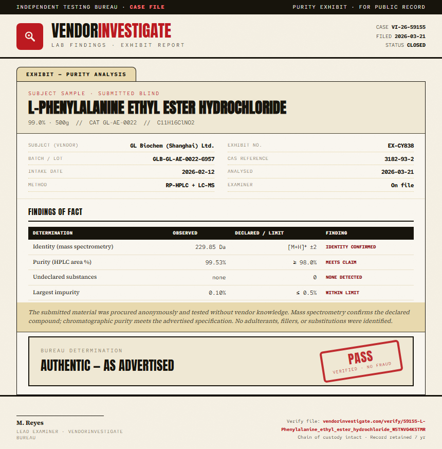 L-Phenylalanine ethyl ester hydrochloride Purity (HPLC) report by VendorInvestigate