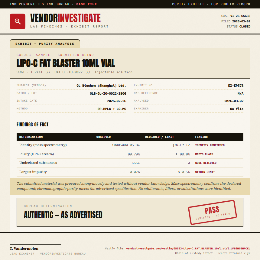 Lipo-C FAT BLASTER 10ml vial Purity (HPLC) report by VendorInvestigate