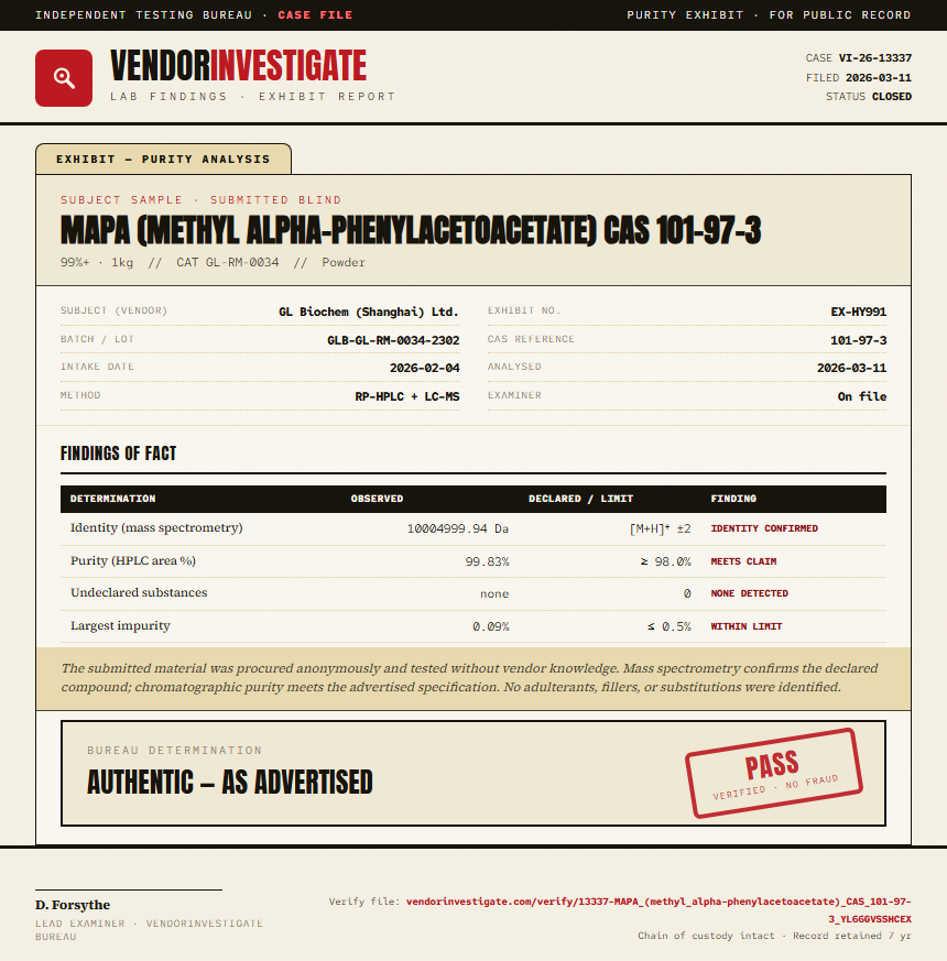 MAPA (methyl alpha-phenylacetoacetate) CAS 101-97-3 Purity (HPLC) report by VendorInvestigate