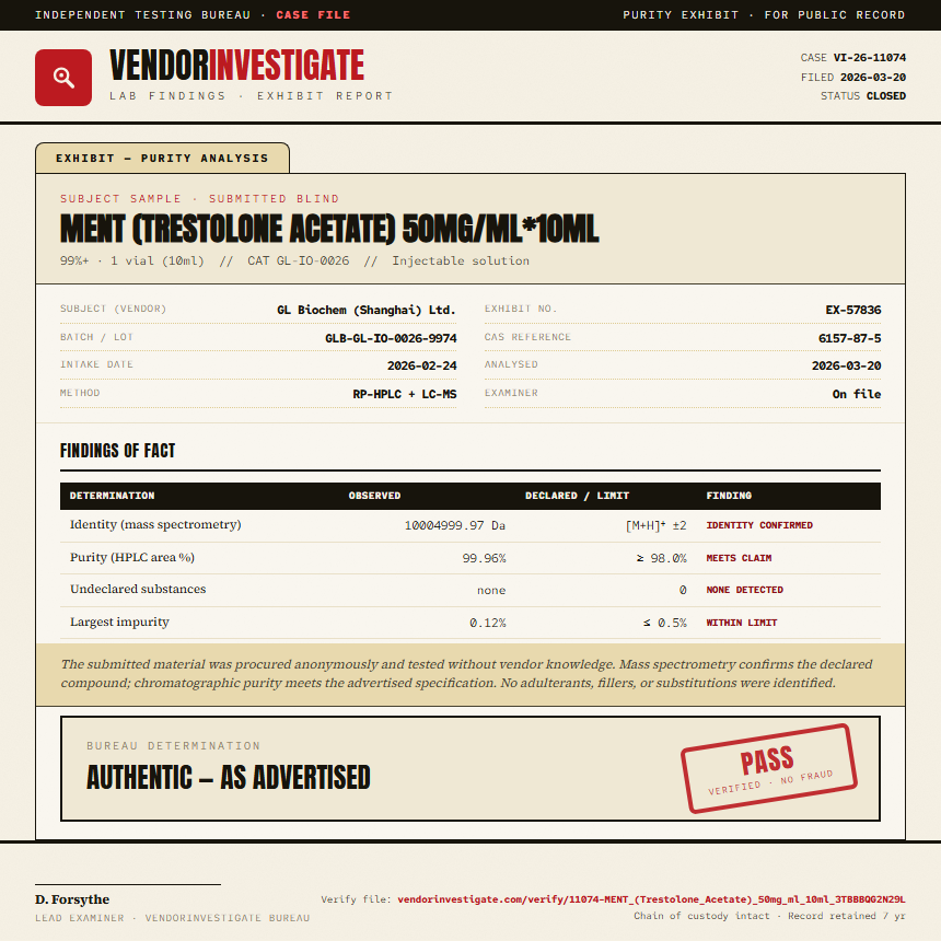 MENT (Trestolone Acetate) 50mg/ml*10ml Purity (HPLC) report by VendorInvestigate