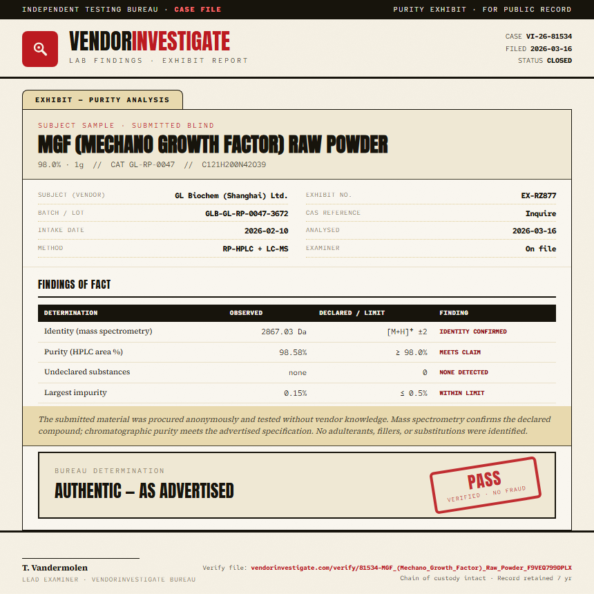 MGF (Mechano Growth Factor) Raw Powder Purity (HPLC) report by VendorInvestigate