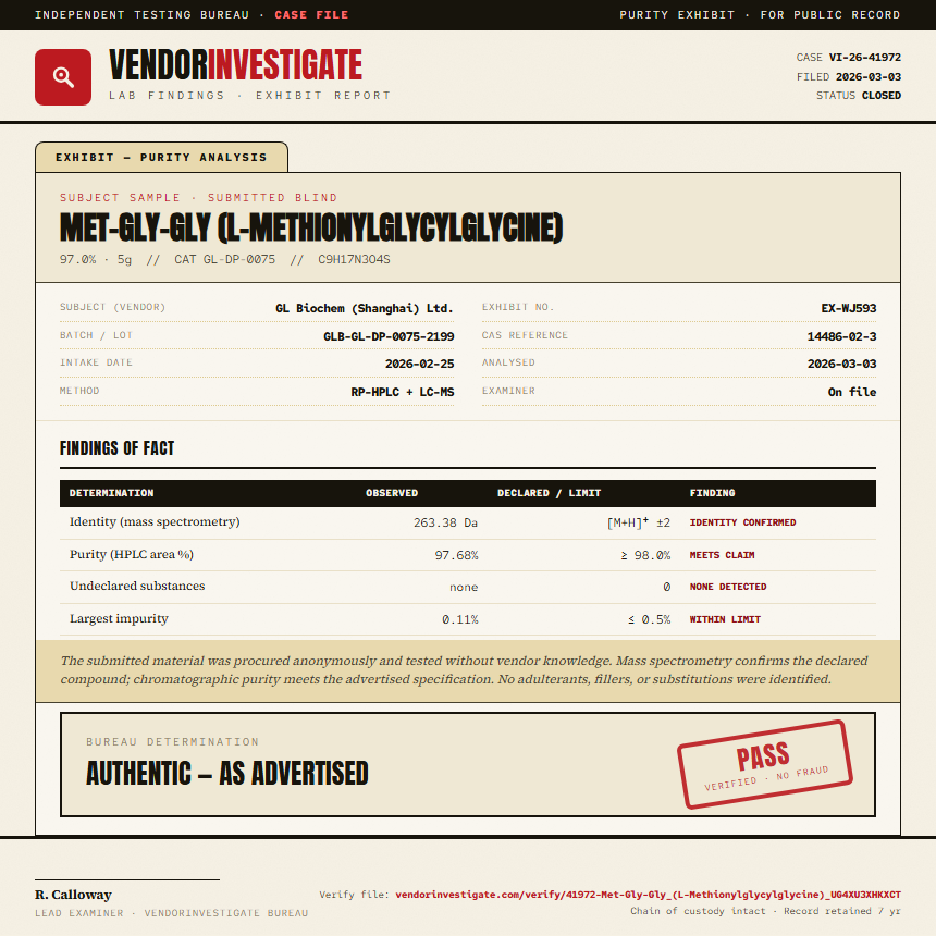 Met-Gly-Gly (L-Methionylglycylglycine) Purity (HPLC) report by VendorInvestigate