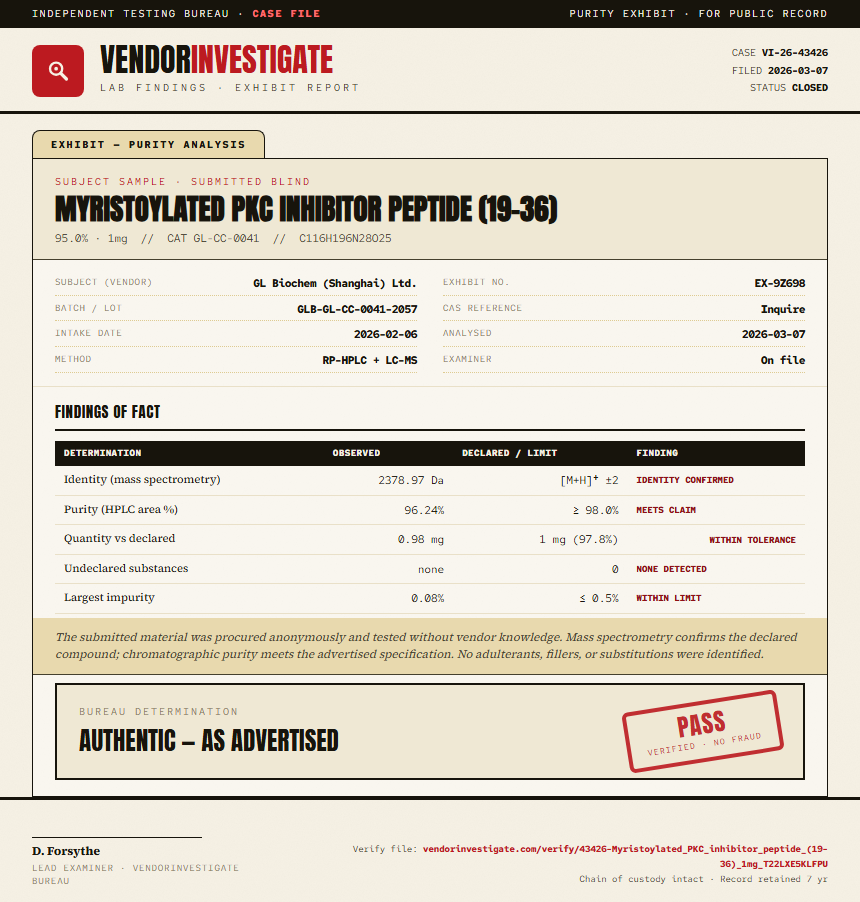 Myristoylated PKC inhibitor peptide (19-36) Purity (HPLC) report by VendorInvestigate