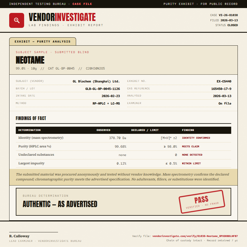 Neotame Purity (HPLC) report by VendorInvestigate