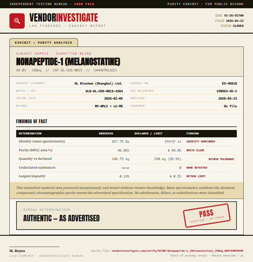 Nonapeptide-1 (Melanostatine) Purity (HPLC) report by VendorInvestigate