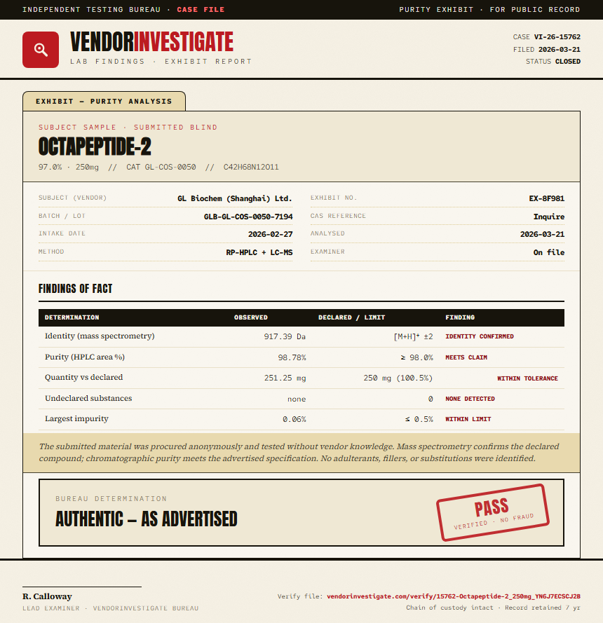 Octapeptide-2 Purity (HPLC) report by VendorInvestigate