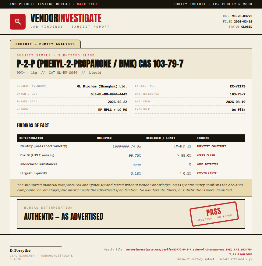 P-2-P (phenyl-2-propanone / BMK) CAS 103-79-7 Purity (HPLC) report by VendorInvestigate