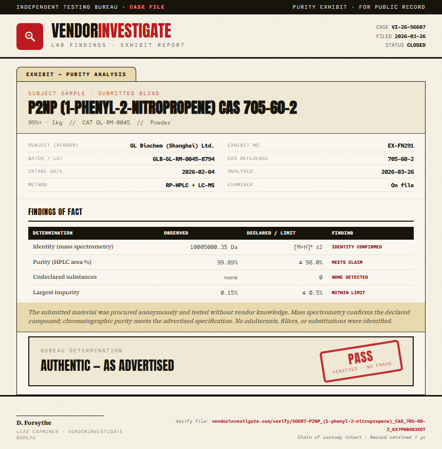 P2NP (1-phenyl-2-nitropropene) CAS 705-60-2 Purity (HPLC) report by VendorInvestigate