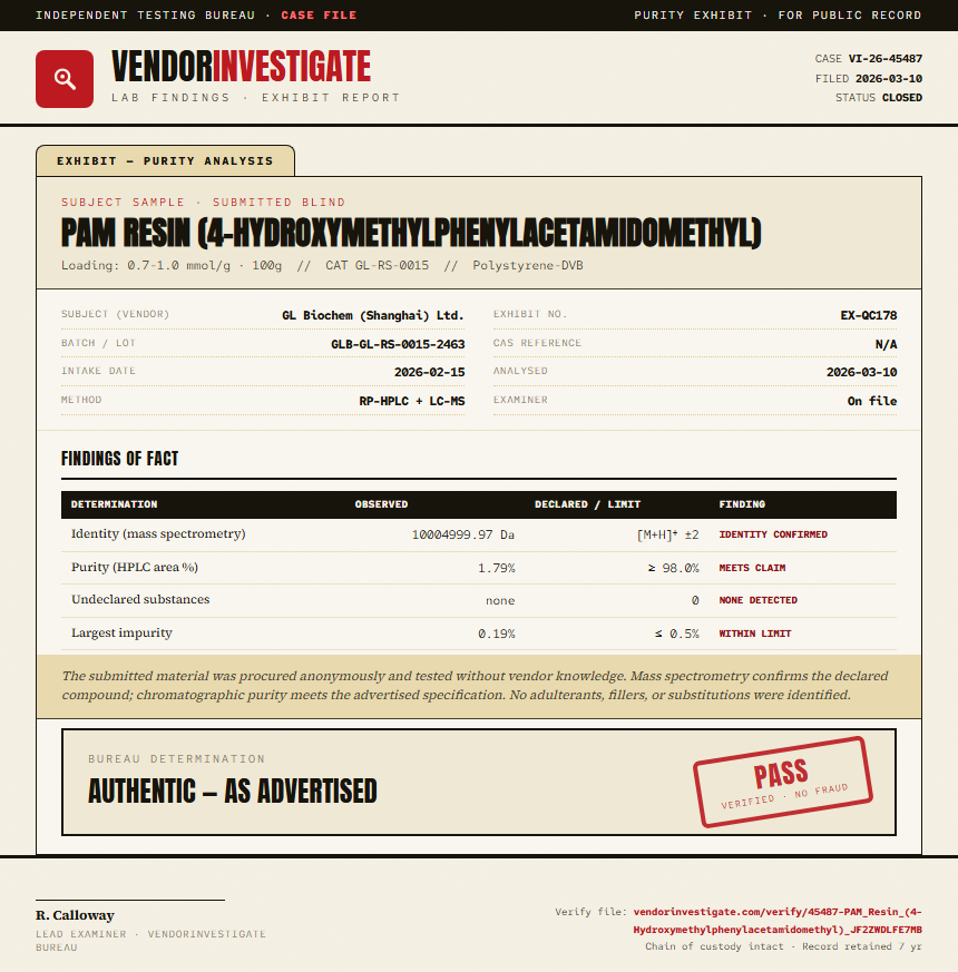 PAM Resin (4-Hydroxymethylphenylacetamidomethyl) Purity (HPLC) report by VendorInvestigate