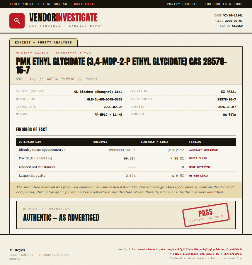 PMK ethyl glycidate (3,4-MDP-2-P ethyl glycidate) CAS 28578-16-7 Purity (HPLC) report by VendorInvestigate