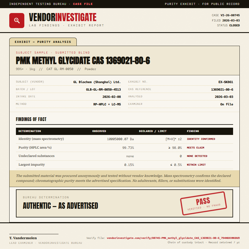PMK methyl glycidate CAS 1369021-80-6 Purity (HPLC) report by VendorInvestigate