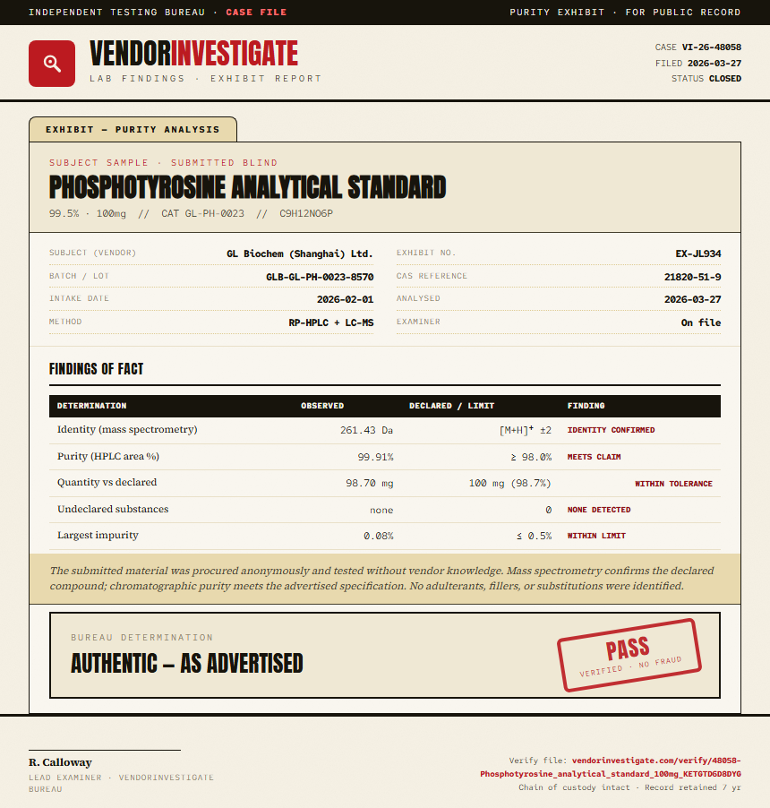 Phosphotyrosine analytical standard Purity (HPLC) report by VendorInvestigate