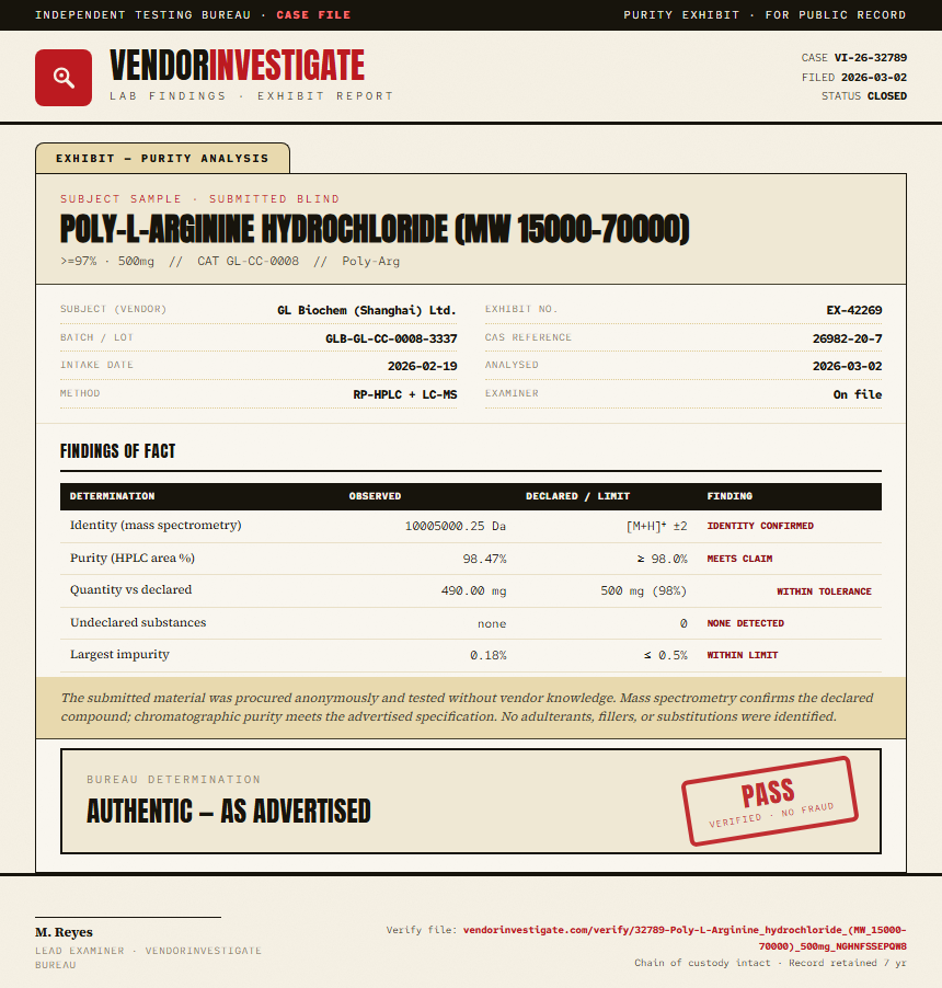 Poly-L-Arginine hydrochloride (MW 15000-70000) Purity (HPLC) report by VendorInvestigate