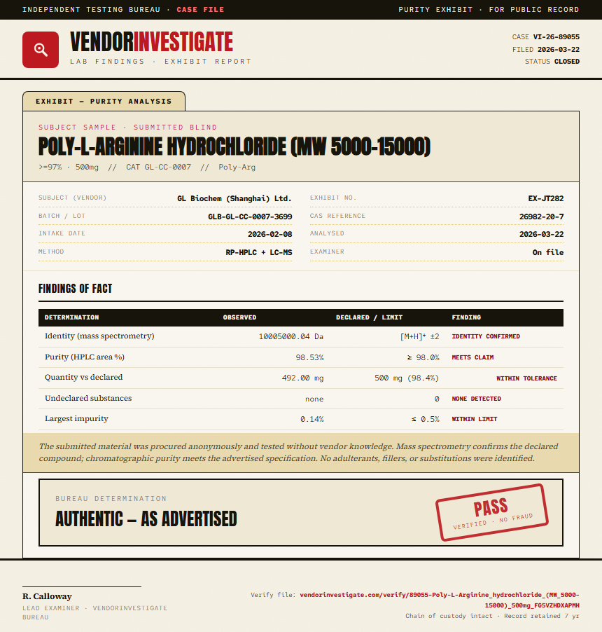 Poly-L-Arginine hydrochloride (MW 5000-15000) Purity (HPLC) report by VendorInvestigate