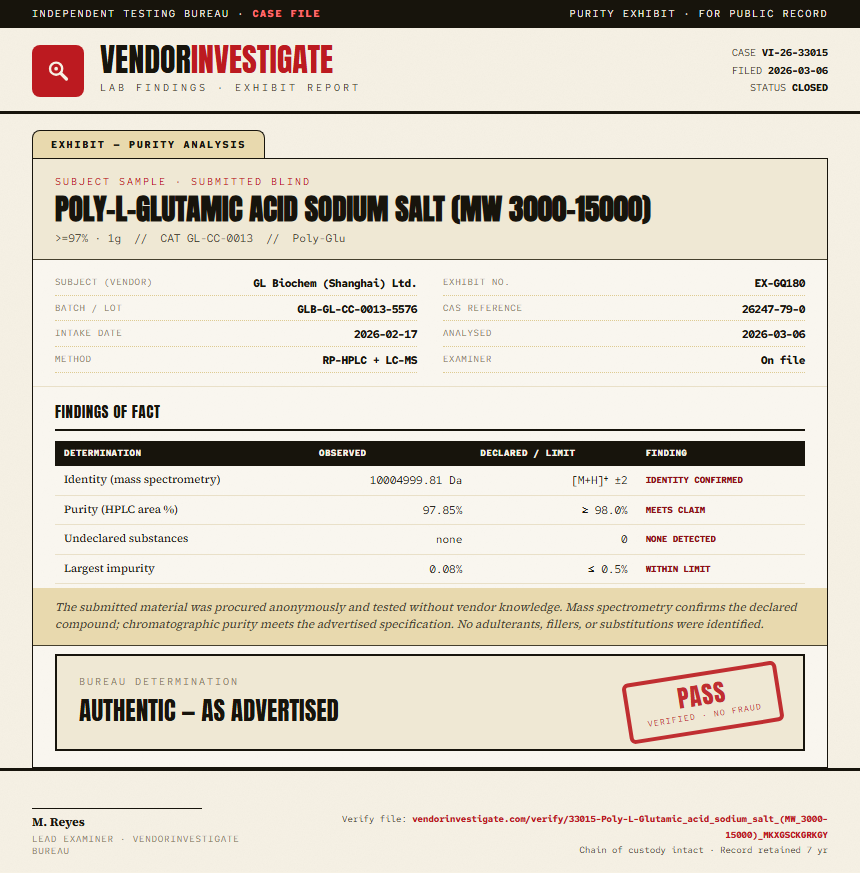 Poly-L-Glutamic acid sodium salt (MW 3000-15000) Purity (HPLC) report by VendorInvestigate