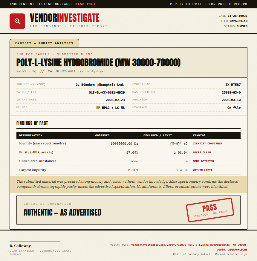 Poly-L-Lysine hydrobromide (MW 30000-70000) Purity (HPLC) report by VendorInvestigate