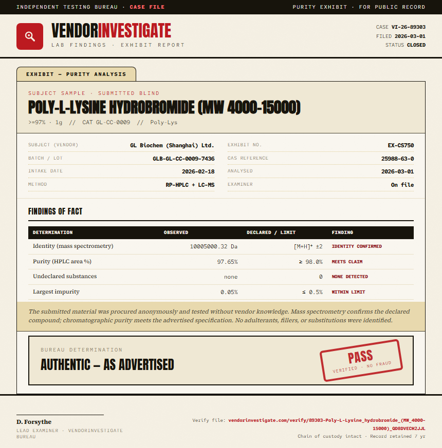Poly-L-Lysine hydrobromide (MW 4000-15000) Purity (HPLC) report by VendorInvestigate