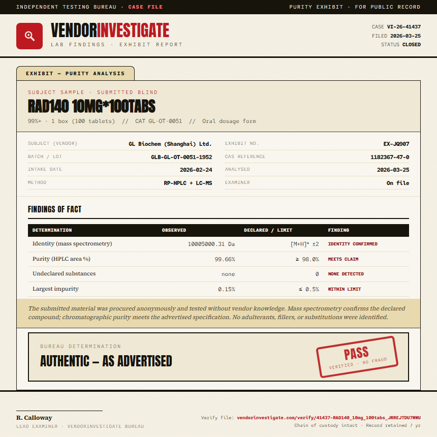 RAD140 10mg*100tabs Purity (HPLC) report by VendorInvestigate