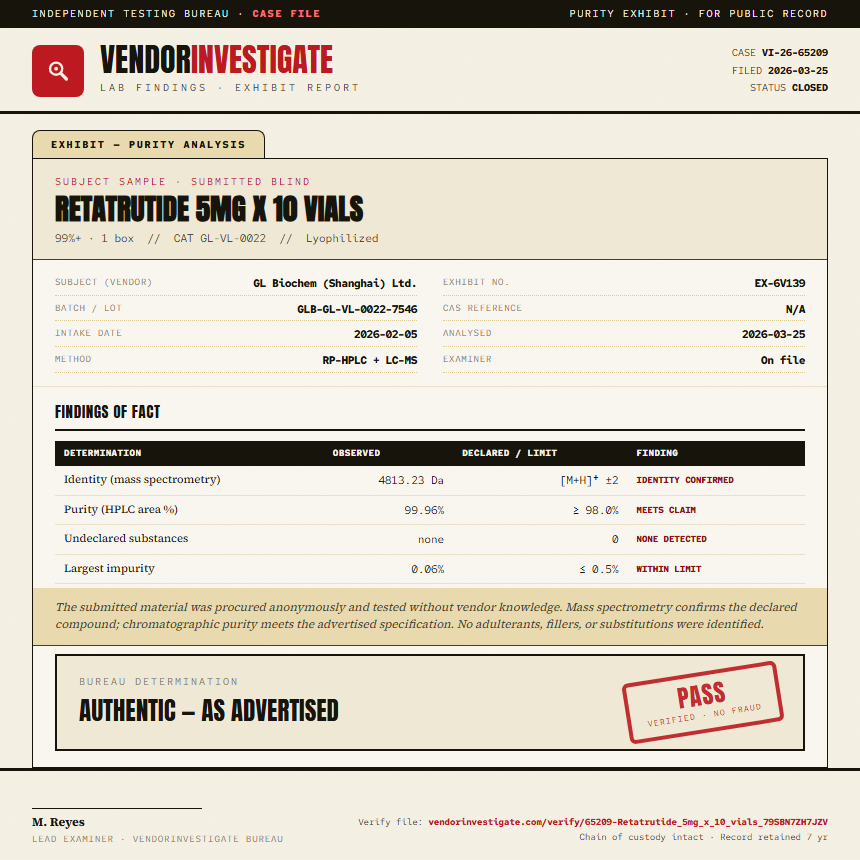 Retatrutide 5mg x 10 vials Purity (HPLC) report by VendorInvestigate