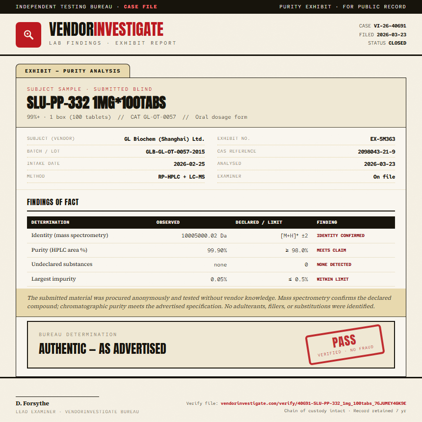 SLU-PP-332 1mg*100tabs Purity (HPLC) report by VendorInvestigate