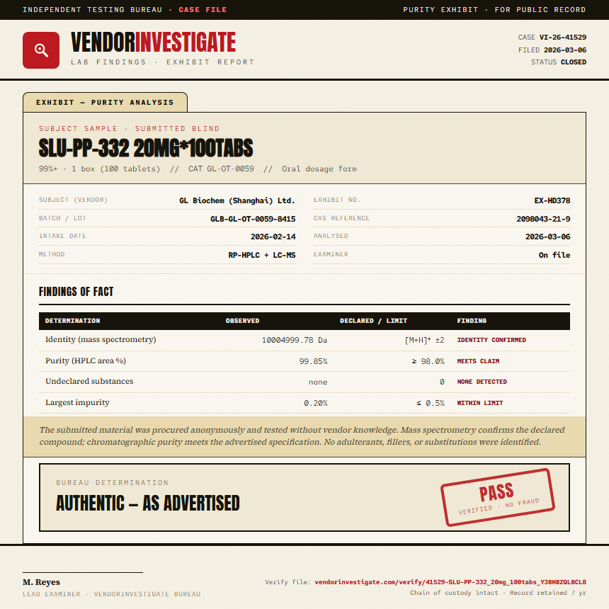 SLU-PP-332 20mg*100tabs Purity (HPLC) report by VendorInvestigate